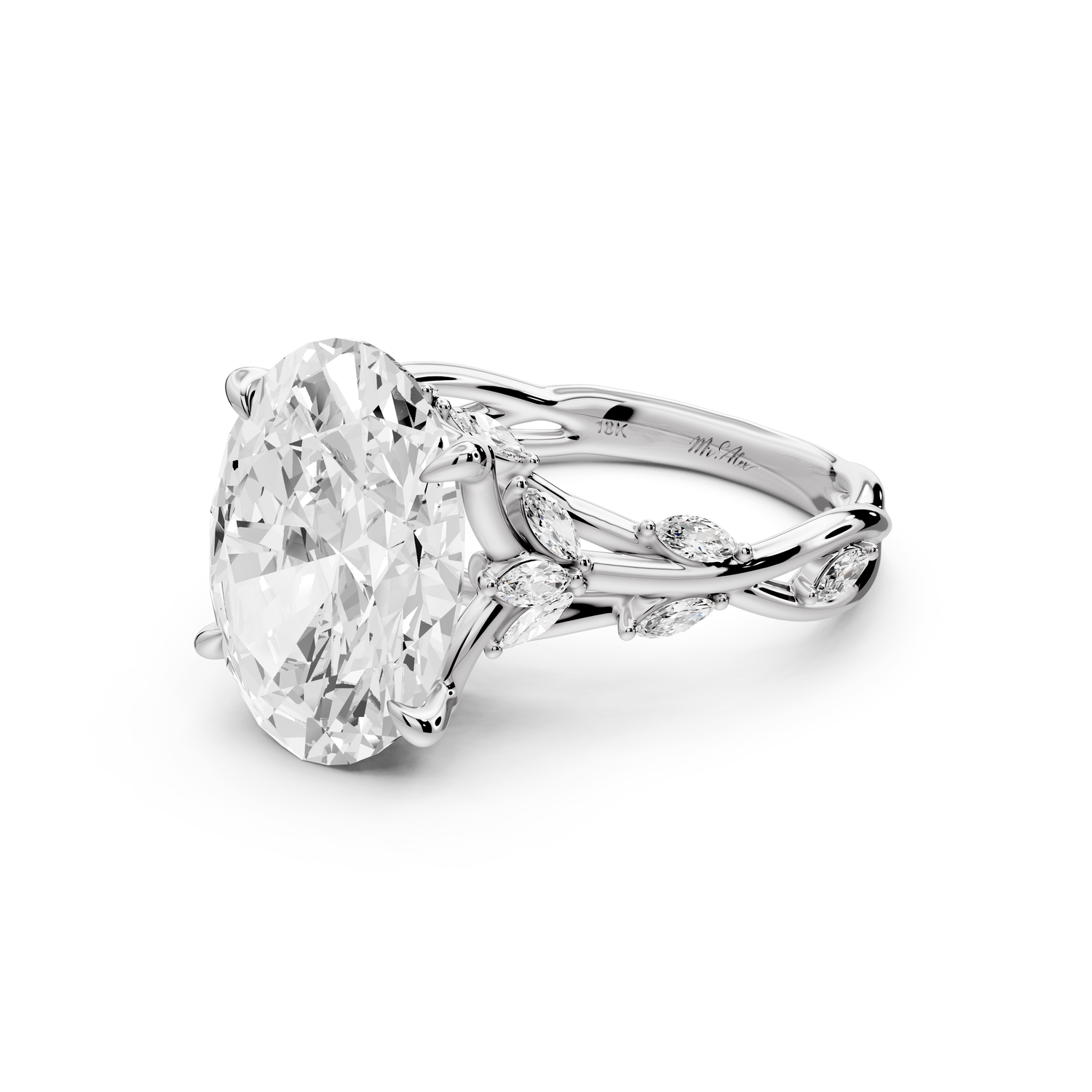 Sarah - 5ct platinum Oval Nature-Inspired Engagement Ring with Sculpted Vine and Leaf Side Stones