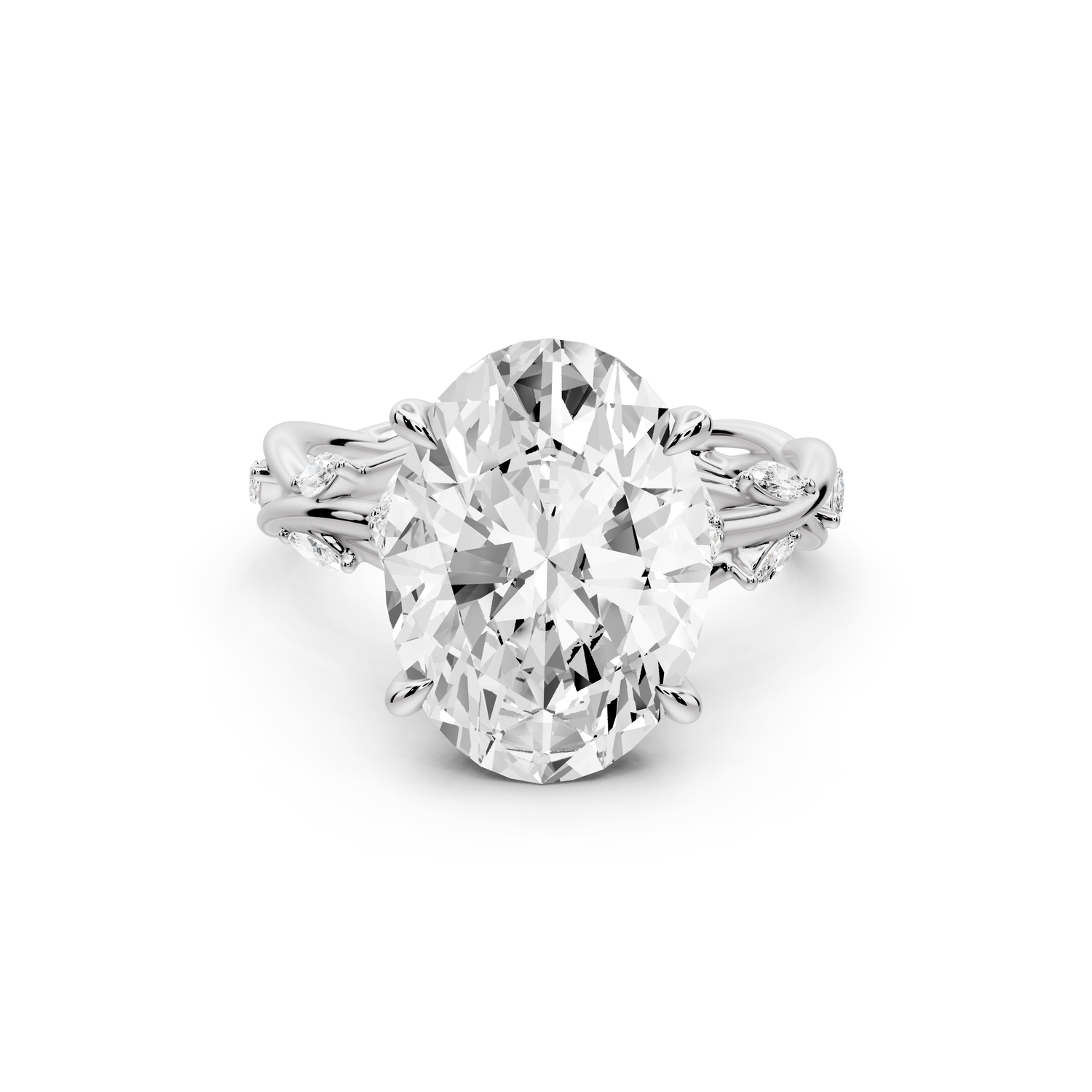 Sarah - 5ct platinum Oval Nature-Inspired Engagement Ring with Sculpted Vine and Leaf Side Stones