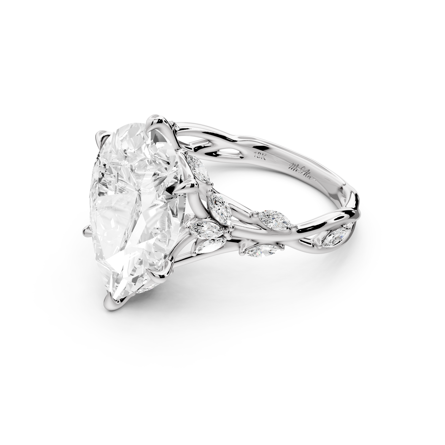 Sarah - 5ct platinum Pear Nature-Inspired Engagement Ring with Sculpted Vine and Leaf Side Stones