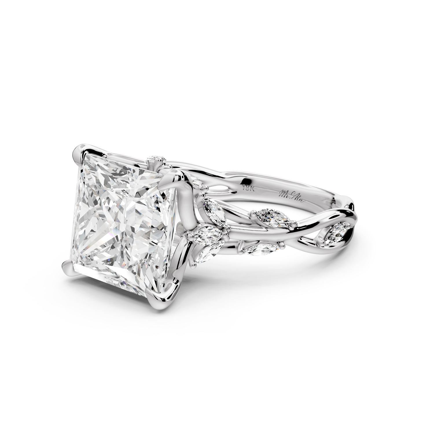 Sarah - 5ct platinum Princess Nature-Inspired Engagement Ring with Sculpted Vine and Leaf Side Stones