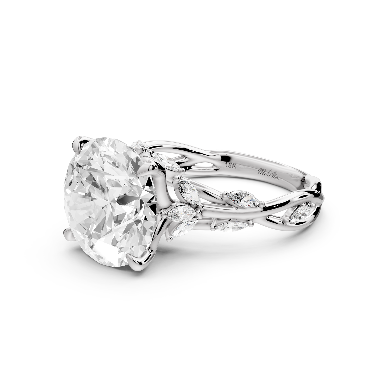 Sarah - 5ct platinum Round Nature-Inspired Engagement Ring with Sculpted Vine and Leaf Side Stones