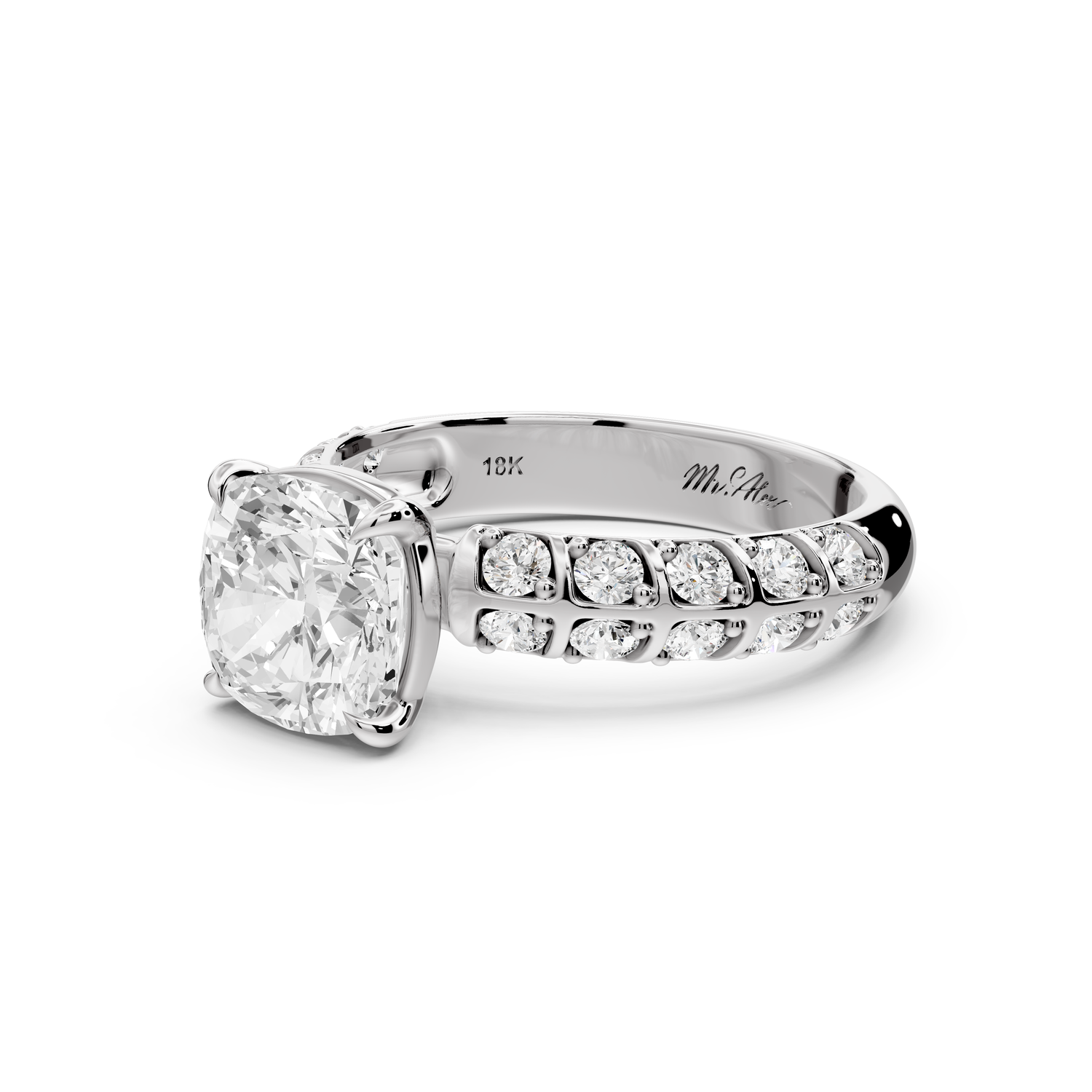 Jessica - 2ct platinum Cushion Split-Shank Engagement Ring with Double-Row Shared-Prong Pavé Band