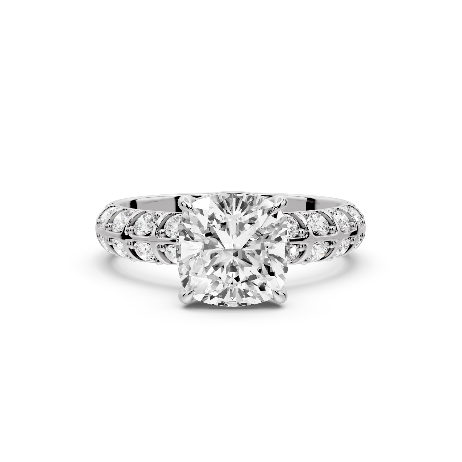 Jessica - 2ct platinum Cushion Split-Shank Engagement Ring with Double-Row Shared-Prong Pavé Band