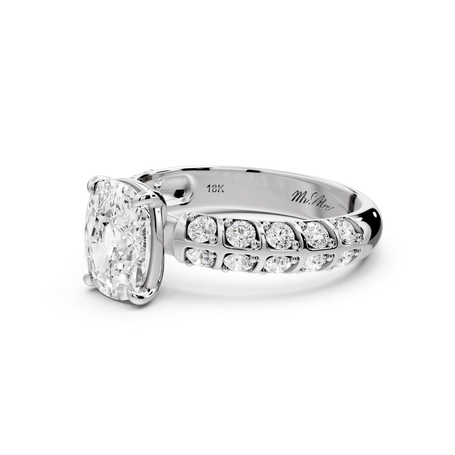 Jessica - 2ct platinum Ecushion Split-Shank Engagement Ring with Double-Row Shared-Prong Pavé Band