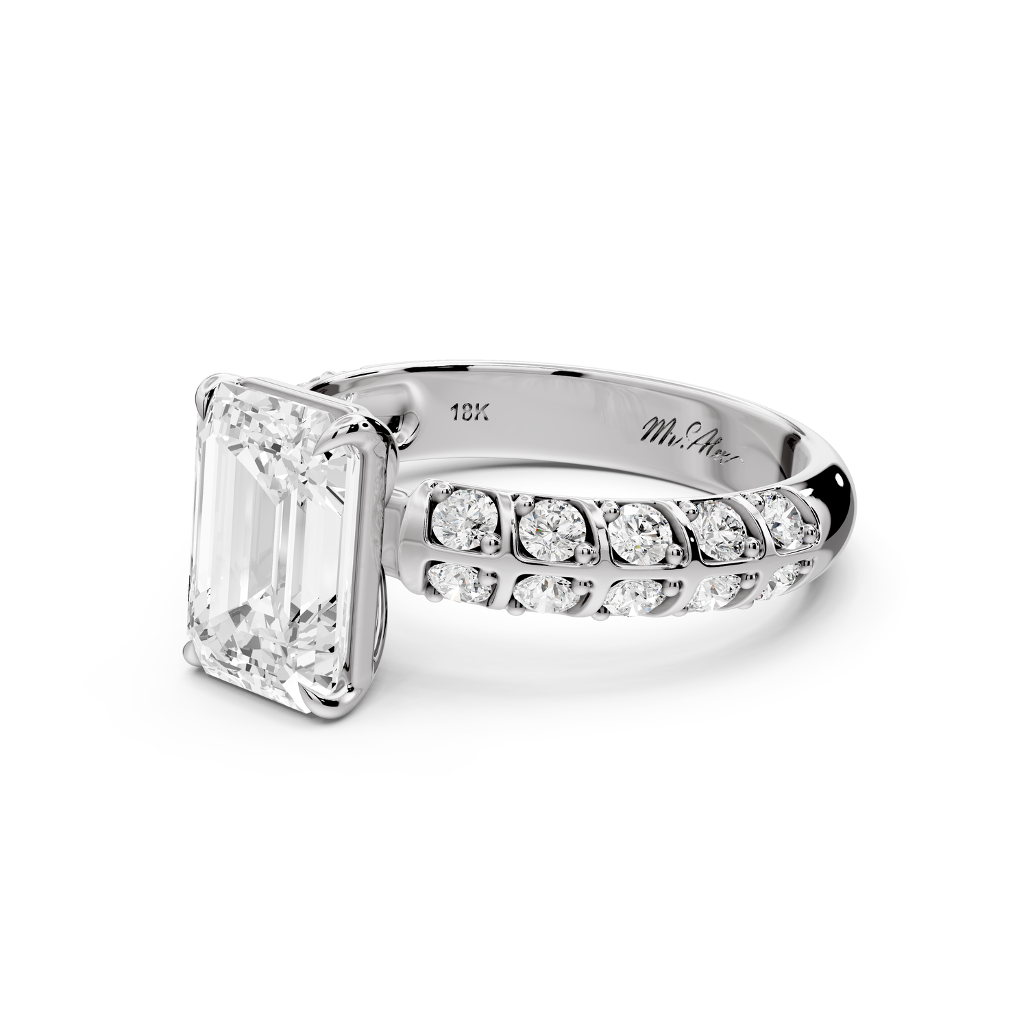 Jessica - 2ct platinum Emerald Split-Shank Engagement Ring with Double-Row Shared-Prong Pavé Band