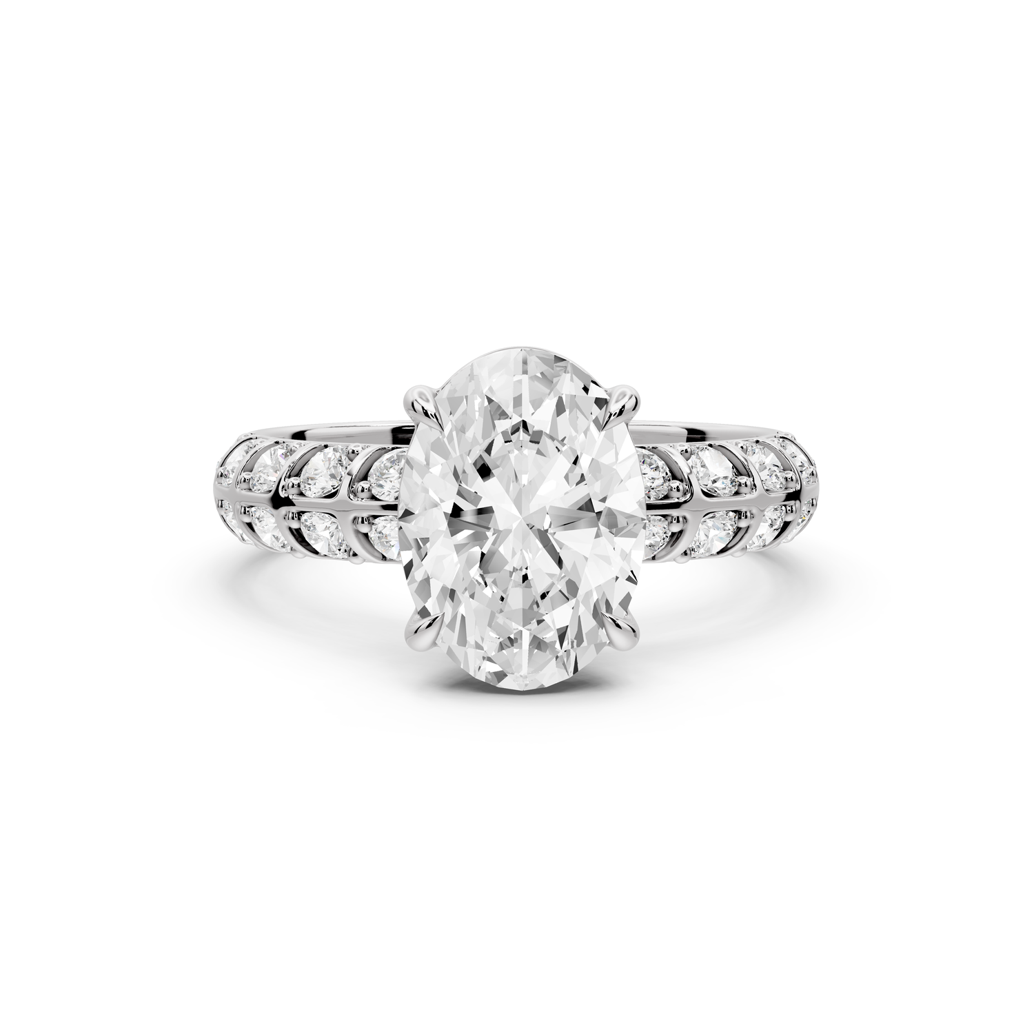 Jessica - 2ct platinum Oval Split-Shank Engagement Ring with Double-Row Shared-Prong Pavé Band
