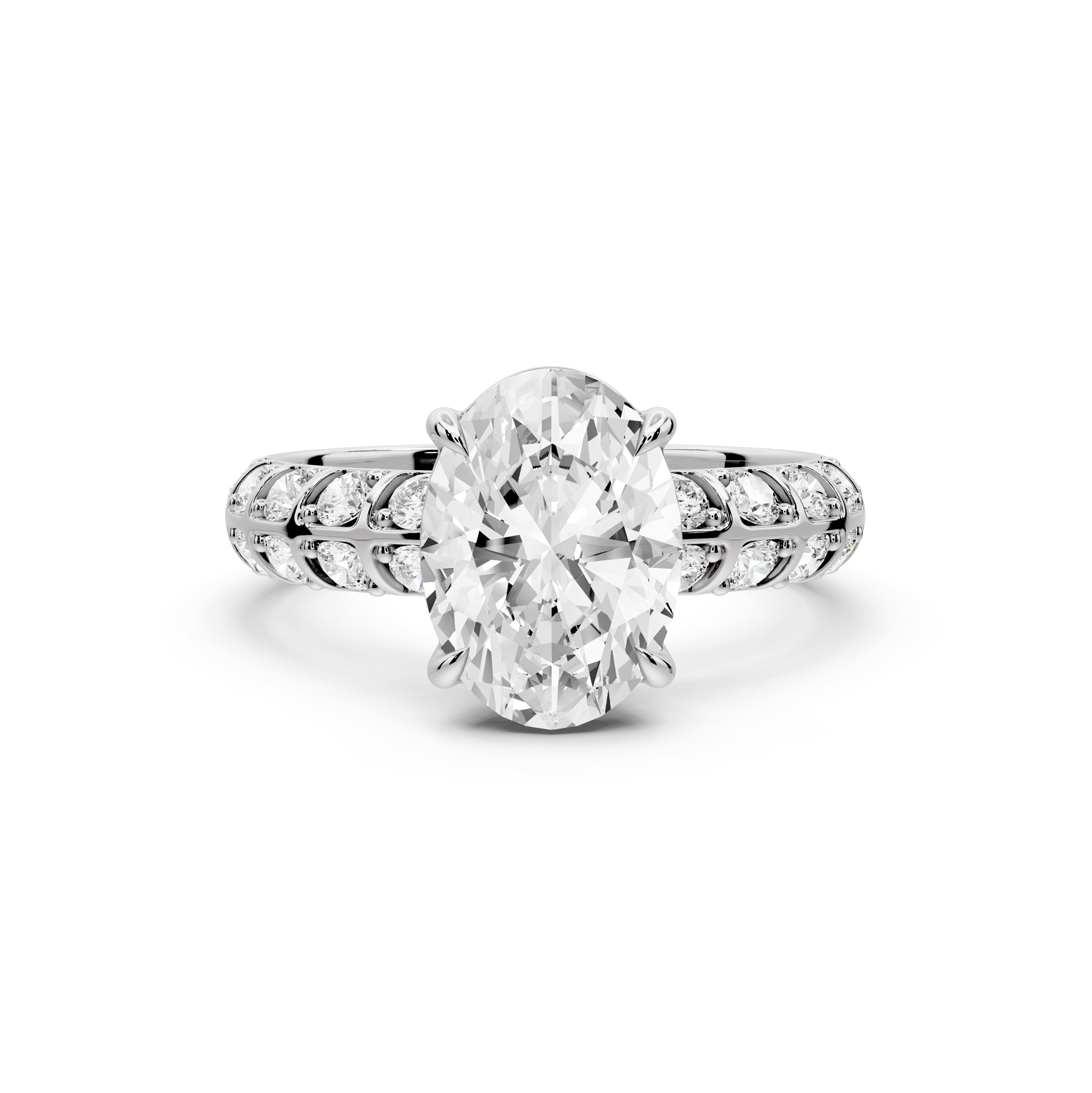 Jessica - 2ct platinum Oval Split-Shank Engagement Ring with Double-Row Shared-Prong Pavé Band
