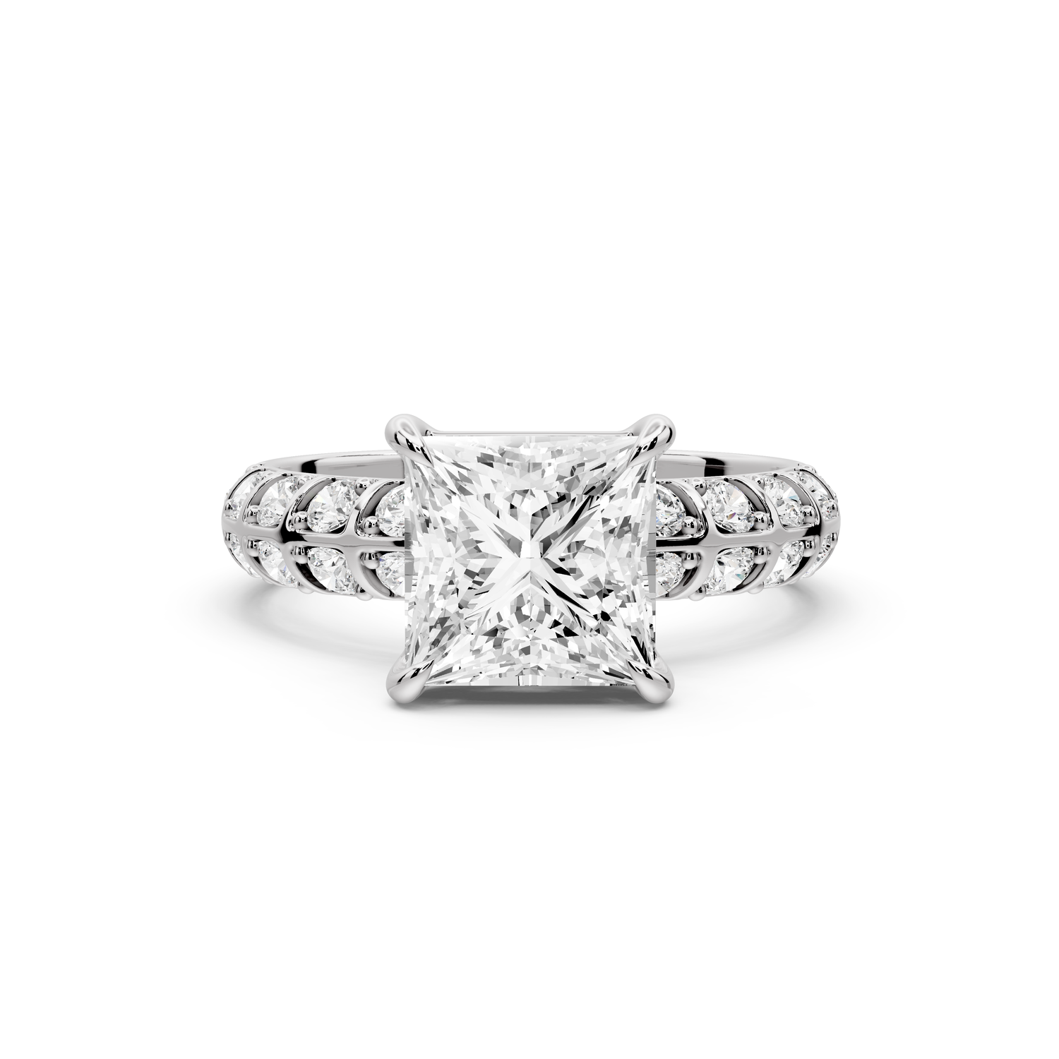 Jessica - 2ct platinum Princess Split-Shank Engagement Ring with Double-Row Shared-Prong Pavé Band