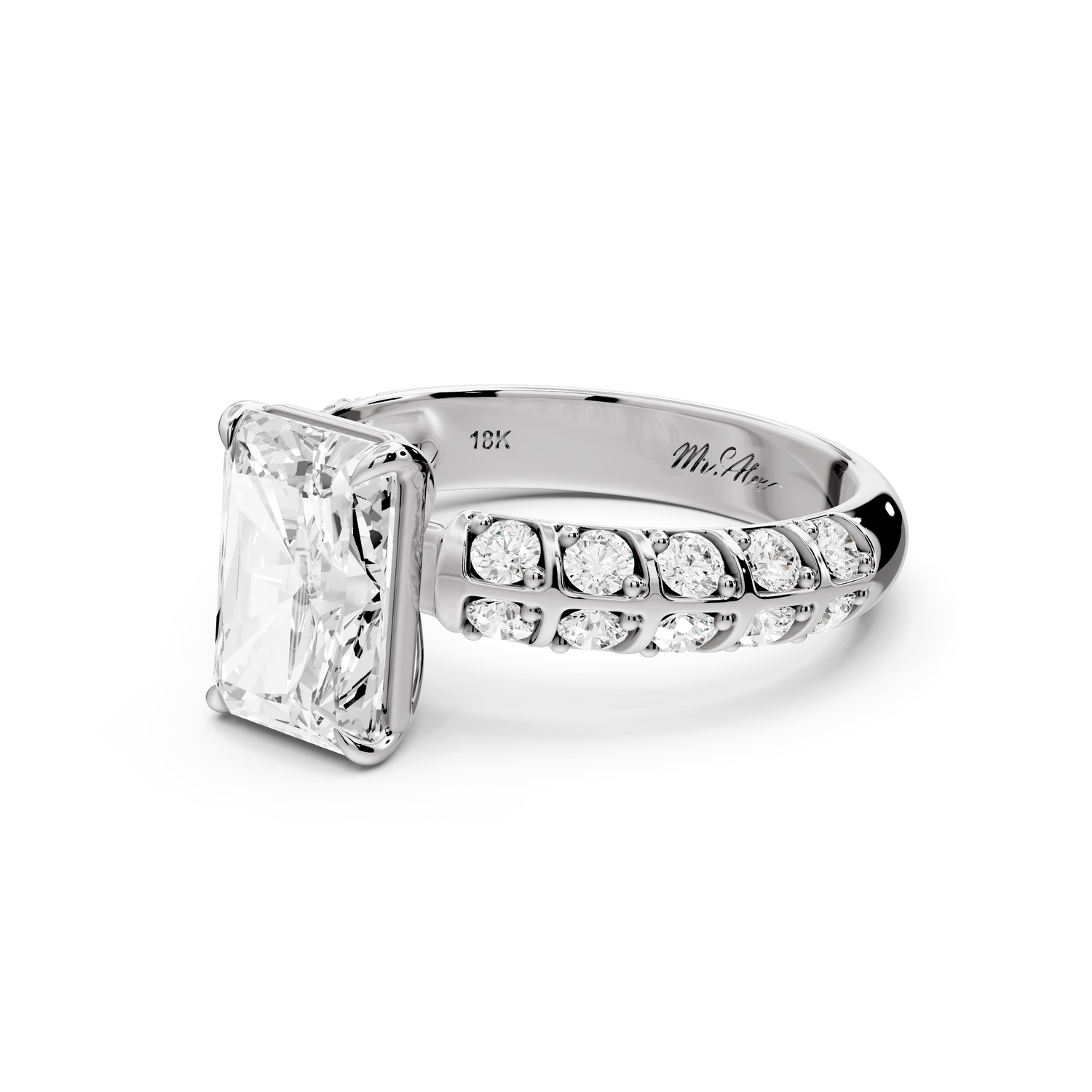 Jessica - 2ct platinum Radiant Split-Shank Engagement Ring with Double-Row Shared-Prong Pavé Band