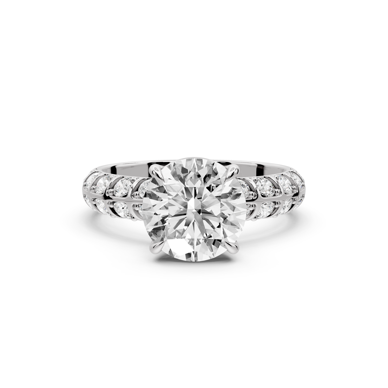 Jessica - 2ct platinum Round Split-Shank Engagement Ring with Double-Row Shared-Prong Pavé Band