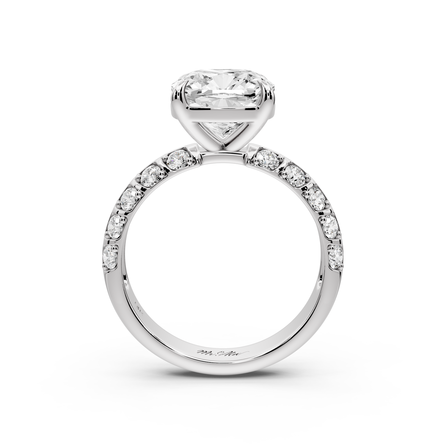 Jessica - 3ct platinum Cushion Split-Shank Engagement Ring with Double-Row Shared-Prong Pavé Band