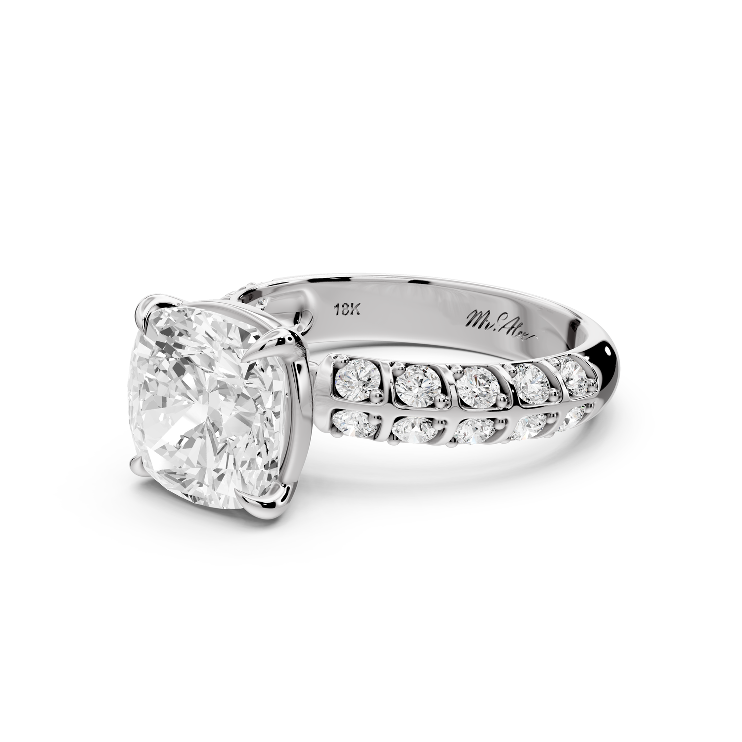 Jessica - 3ct platinum Cushion Split-Shank Engagement Ring with Double-Row Shared-Prong Pavé Band