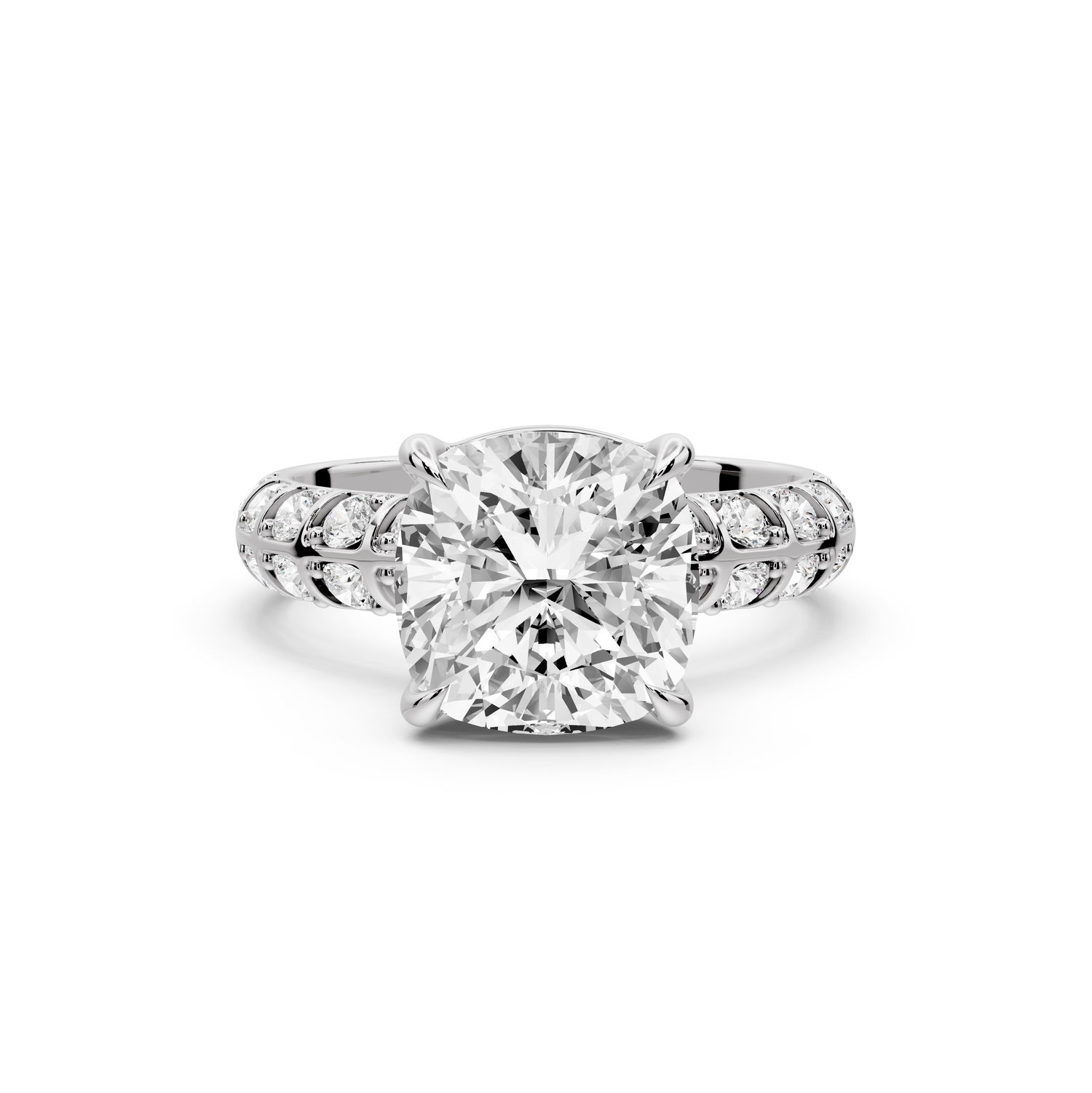 Jessica - 3ct platinum Cushion Split-Shank Engagement Ring with Double-Row Shared-Prong Pavé Band