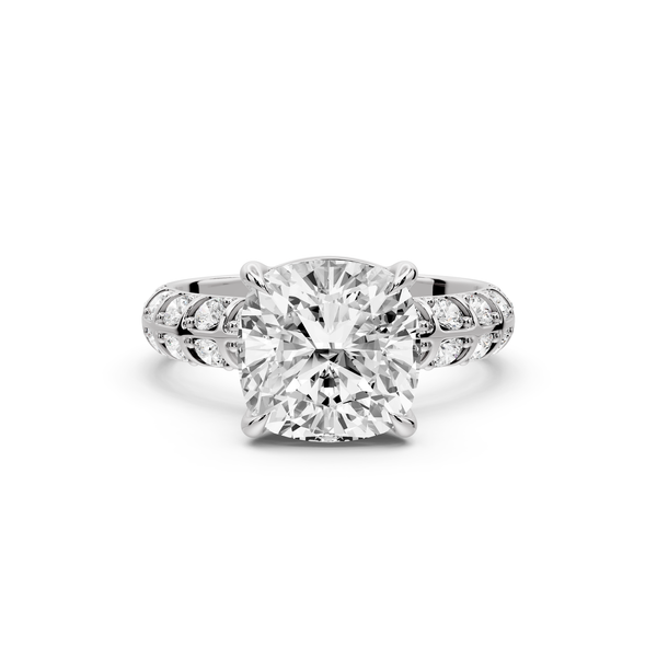 Jessica - 3ct platinum Cushion Split-Shank Engagement Ring with Double-Row Shared-Prong Pavé Band