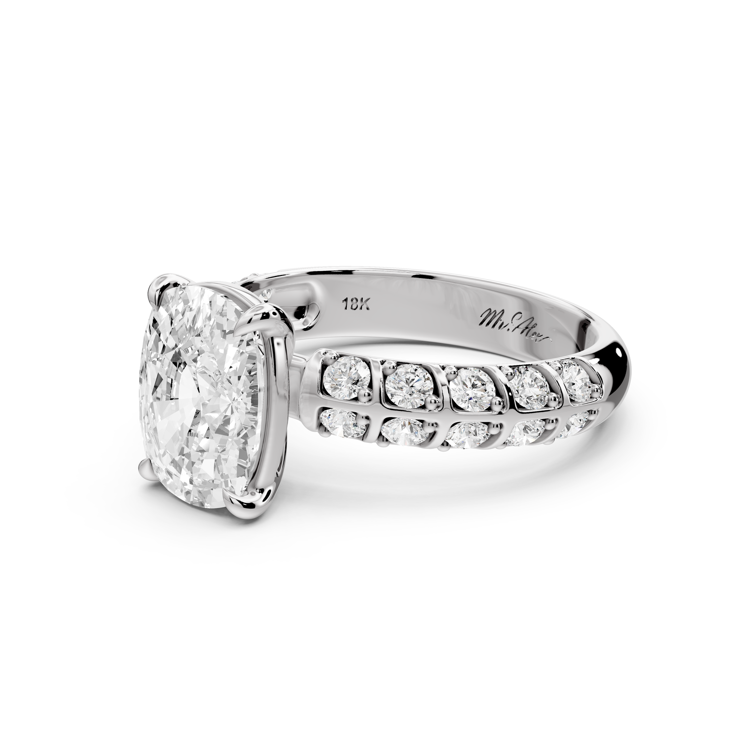Jessica - 3ct platinum Ecushion Split-Shank Engagement Ring with Double-Row Shared-Prong Pavé Band