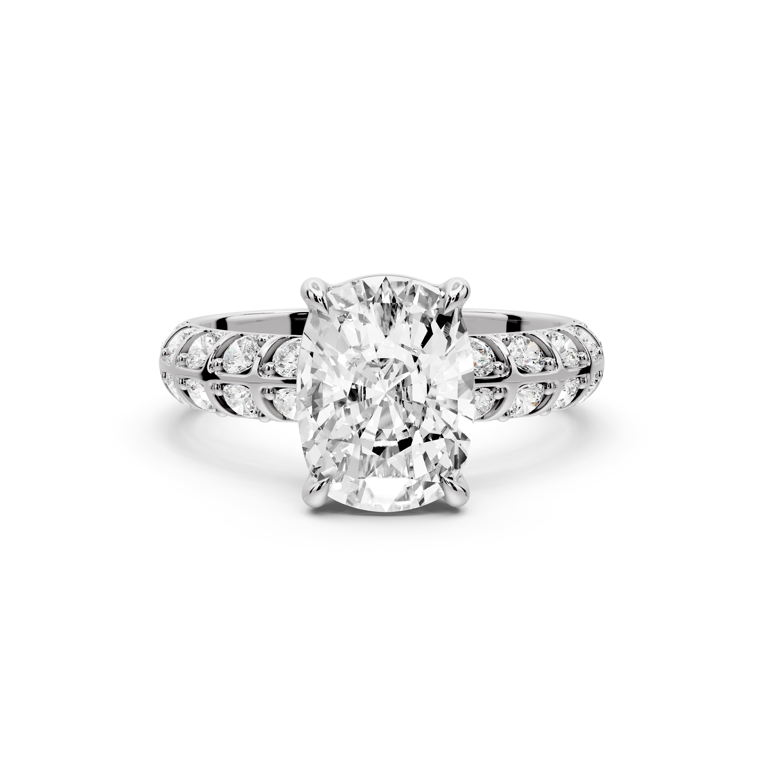 Jessica - 3ct platinum Ecushion Split-Shank Engagement Ring with Double-Row Shared-Prong Pavé Band