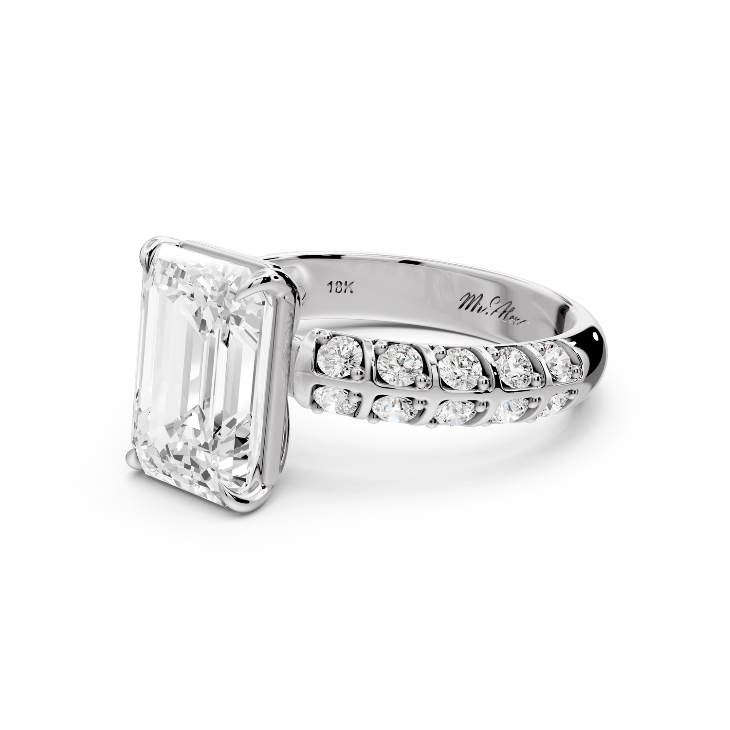 Jessica - 3ct platinum Emerald Split-Shank Engagement Ring with Double-Row Shared-Prong Pavé Band