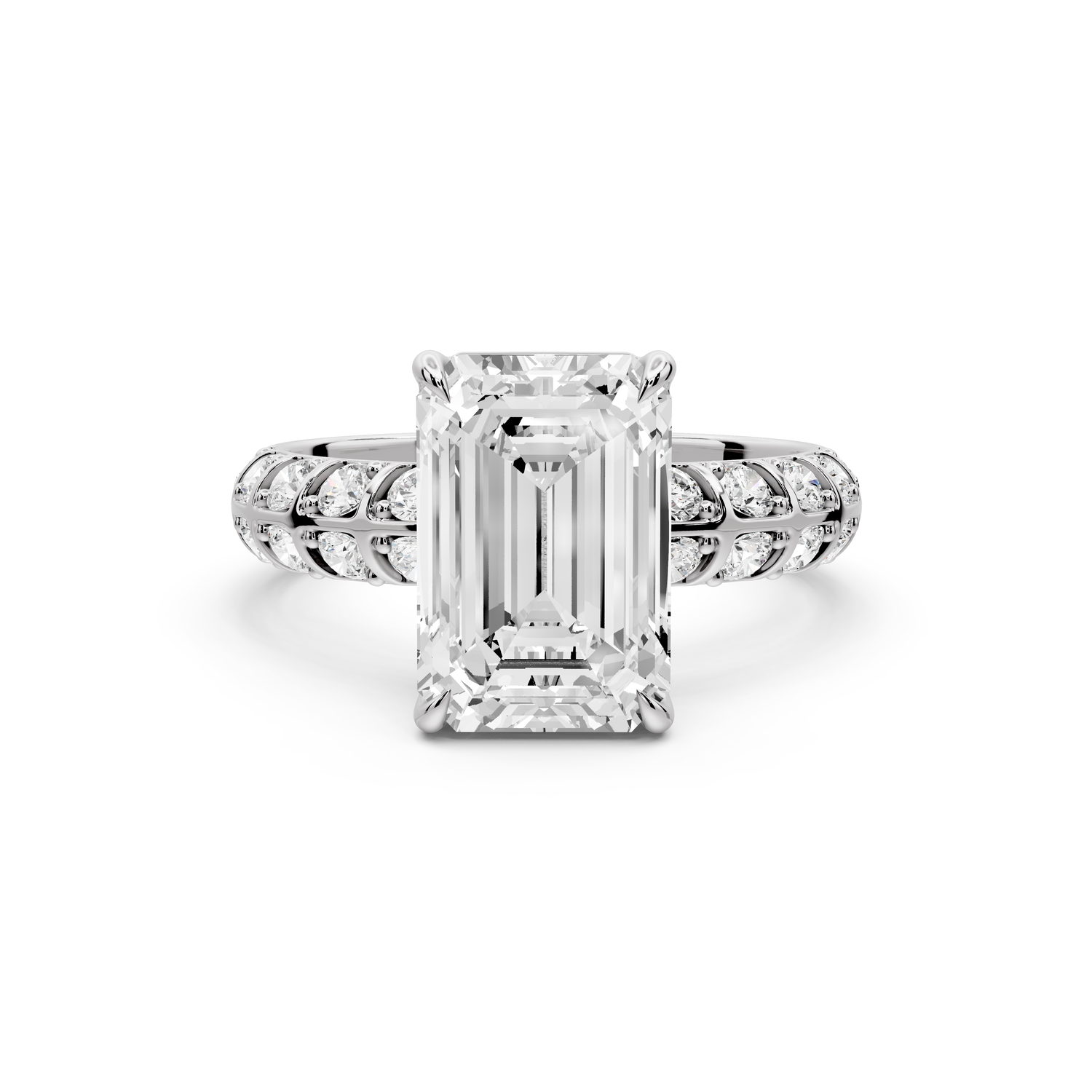 Jessica - 3ct platinum Emerald Split-Shank Engagement Ring with Double-Row Shared-Prong Pavé Band