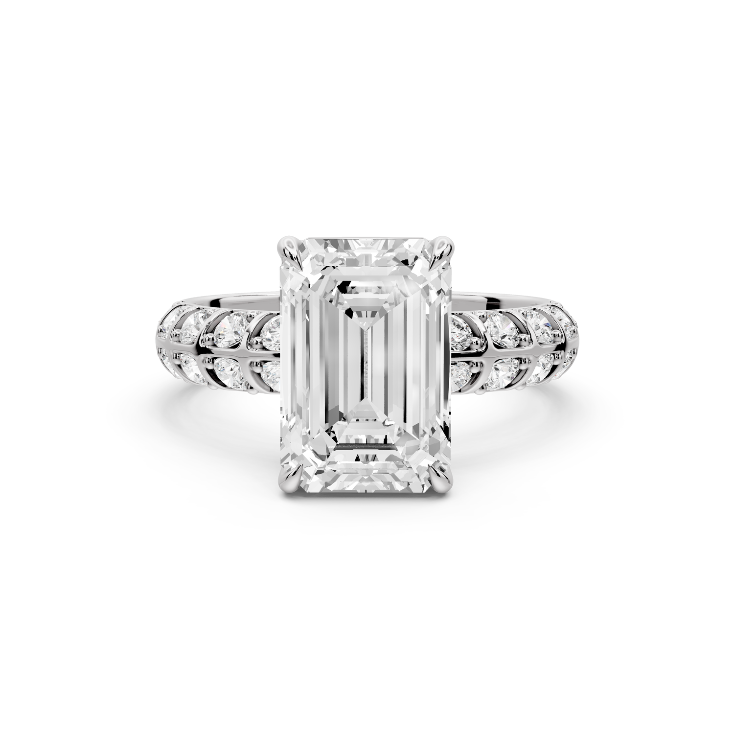 Jessica - 3ct platinum Emerald Split-Shank Engagement Ring with Double-Row Shared-Prong Pavé Band