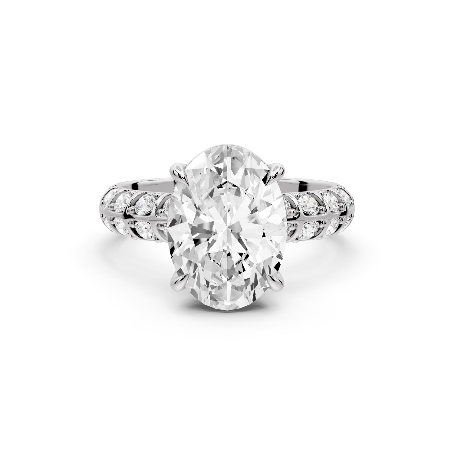 Jessica - 3ct platinum Oval Split-Shank Engagement Ring with Double-Row Shared-Prong Pavé Band