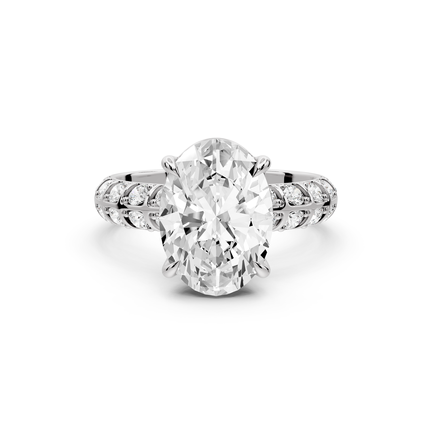 Jessica - 3ct platinum Oval Split-Shank Engagement Ring with Double-Row Shared-Prong Pavé Band
