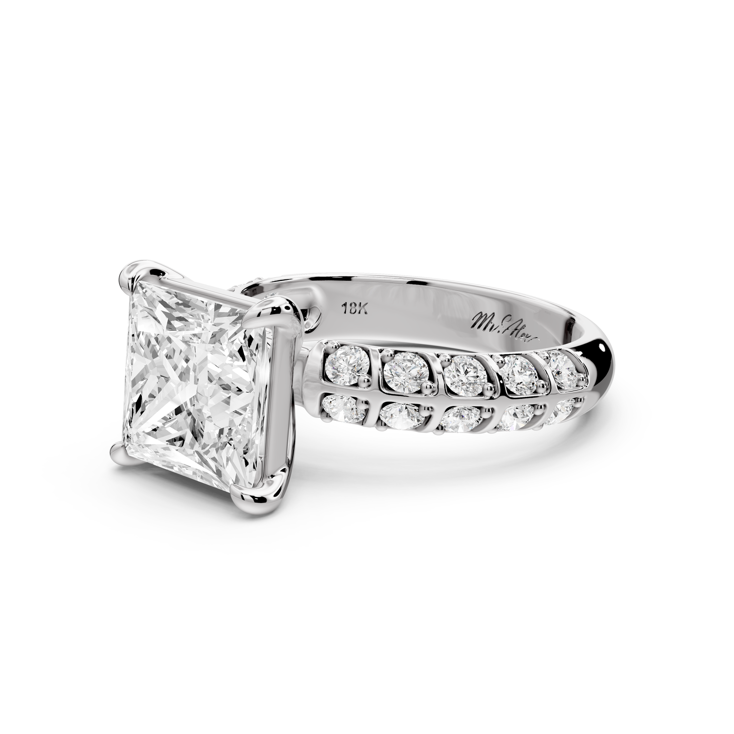 Jessica - 3ct platinum Princess Split-Shank Engagement Ring with Double-Row Shared-Prong Pavé Band
