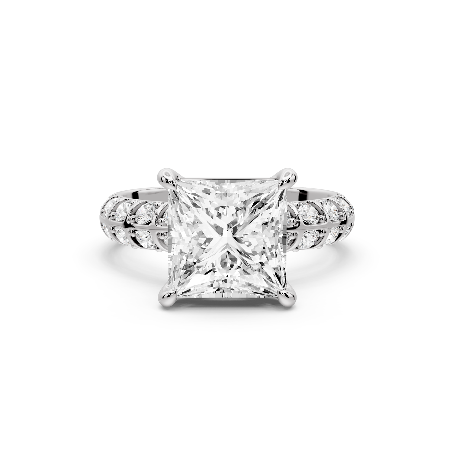 Jessica - 3ct platinum Princess Split-Shank Engagement Ring with Double-Row Shared-Prong Pavé Band