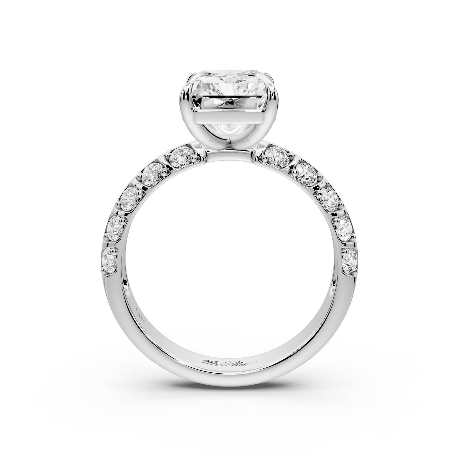 Jessica - 3ct platinum Radiant Split-Shank Engagement Ring with Double-Row Shared-Prong Pavé Band