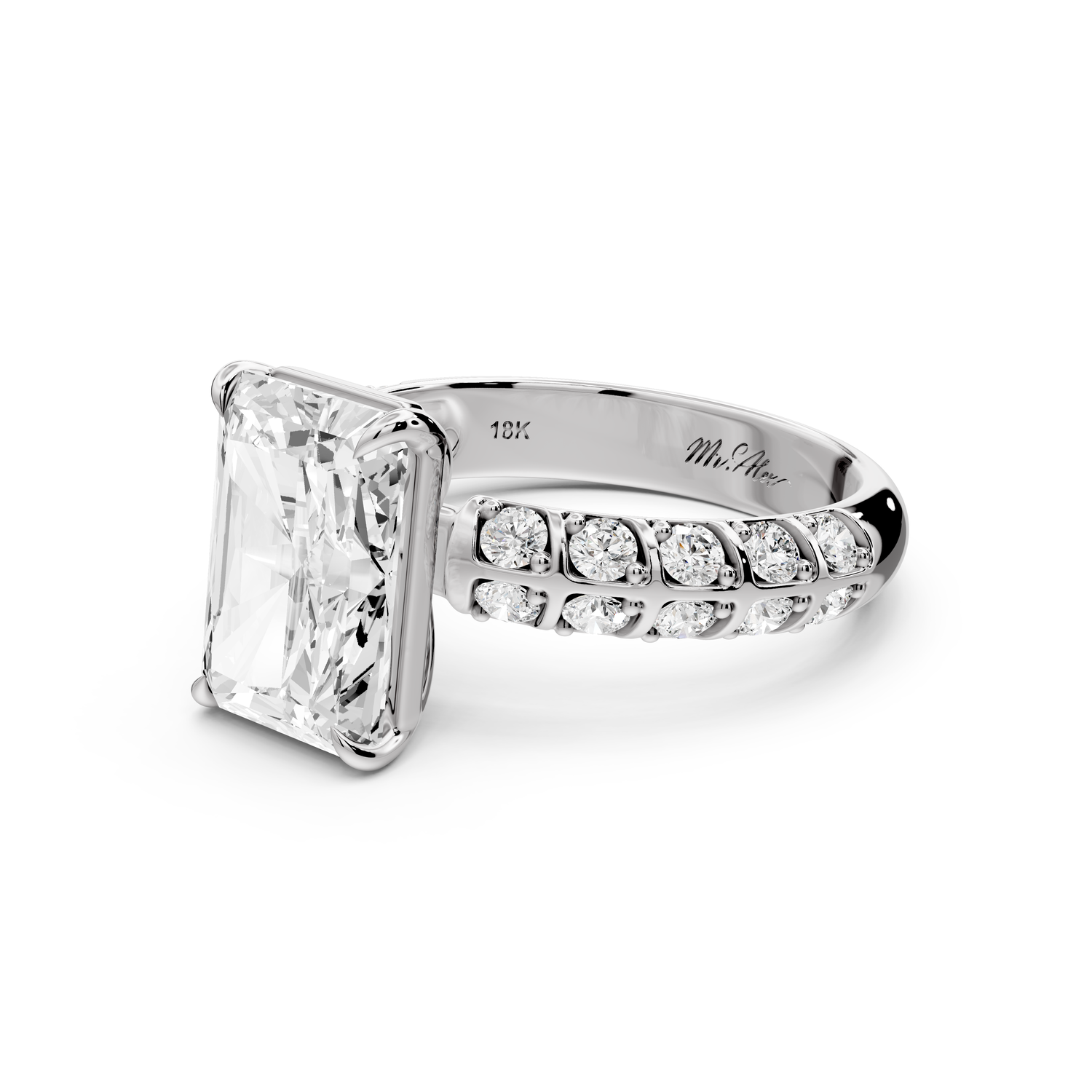 Jessica - 3ct platinum Radiant Split-Shank Engagement Ring with Double-Row Shared-Prong Pavé Band