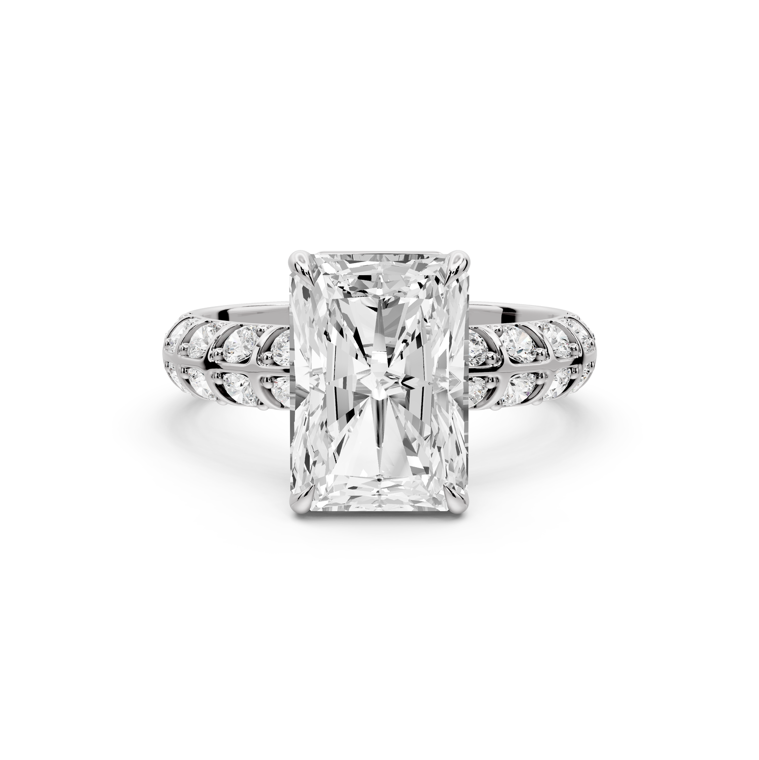 Jessica - 3ct platinum Radiant Split-Shank Engagement Ring with Double-Row Shared-Prong Pavé Band