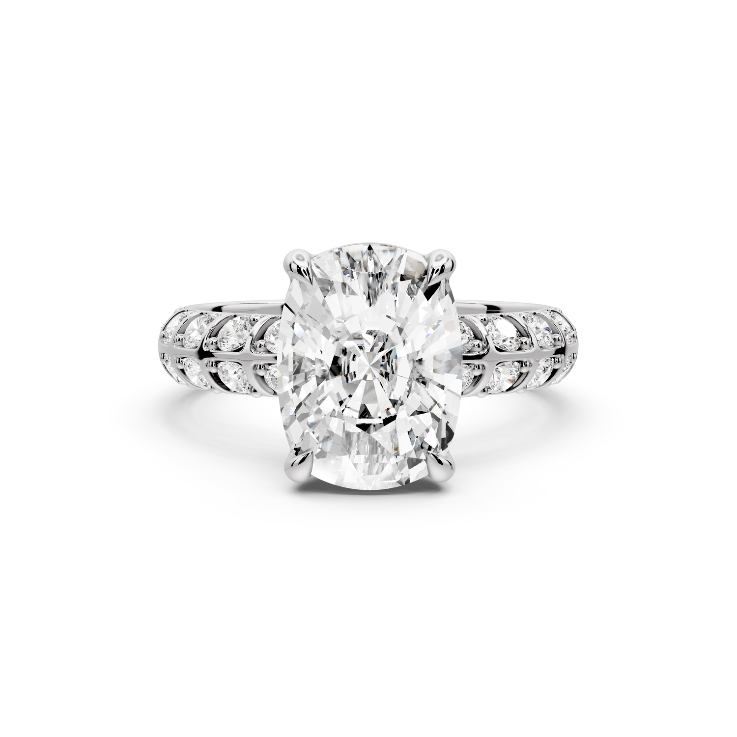 Jessica - 4ct platinum Ecushion Split-Shank Engagement Ring with Double-Row Shared-Prong Pavé Band