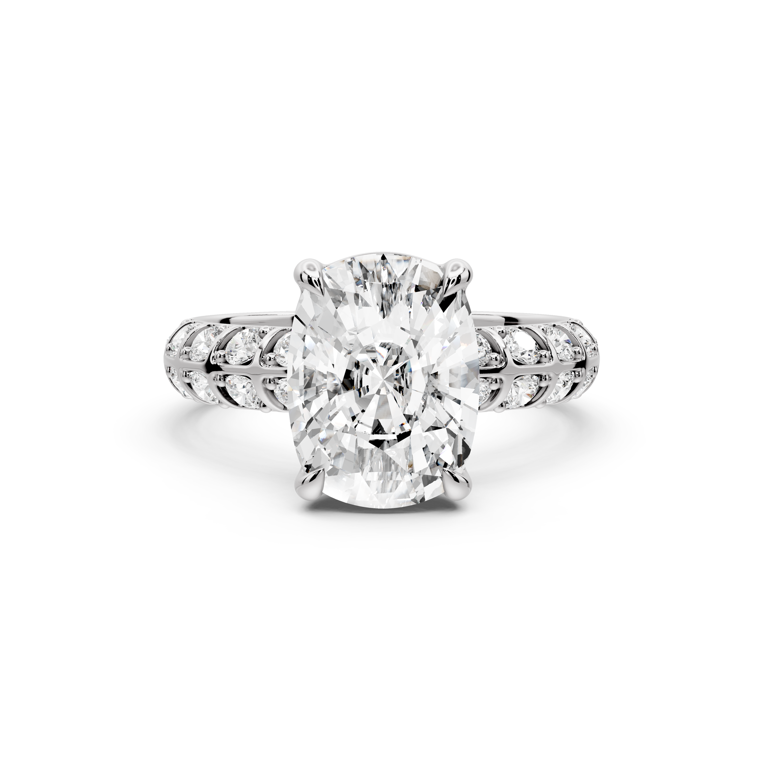 Jessica - 4ct platinum Ecushion Split-Shank Engagement Ring with Double-Row Shared-Prong Pavé Band