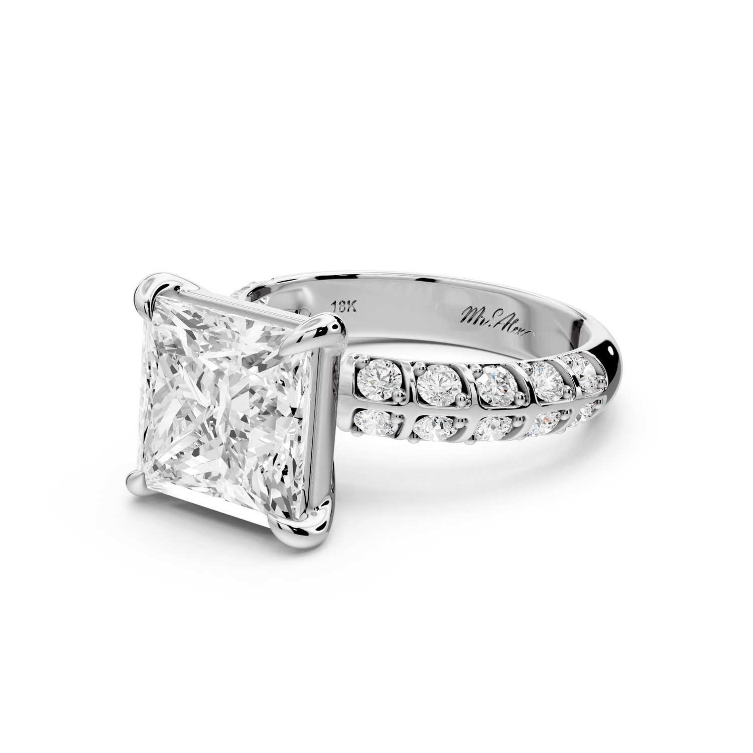 Jessica - 4ct platinum Princess Split-Shank Engagement Ring with Double-Row Shared-Prong Pavé Band
