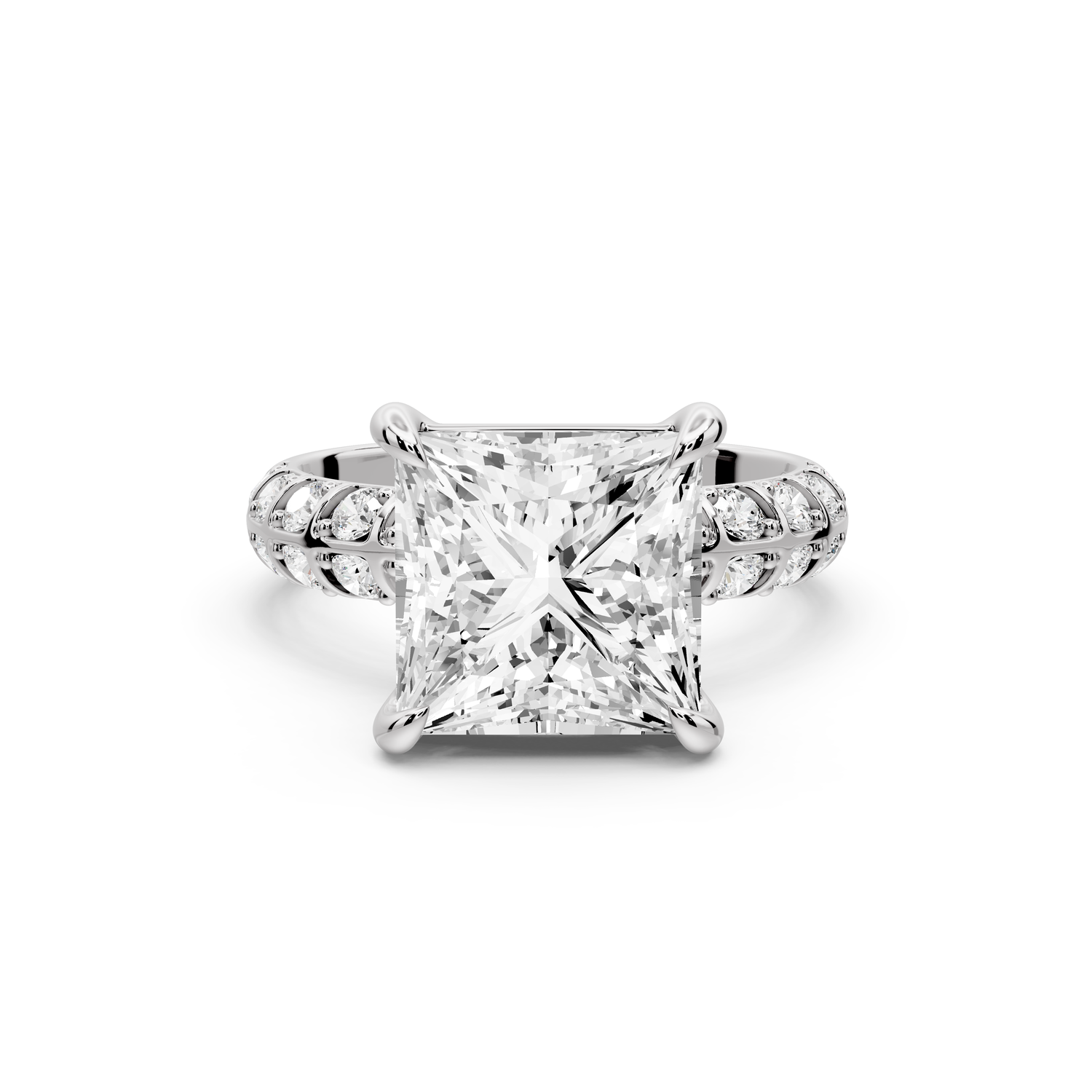 Jessica - 4ct platinum Princess Split-Shank Engagement Ring with Double-Row Shared-Prong Pavé Band