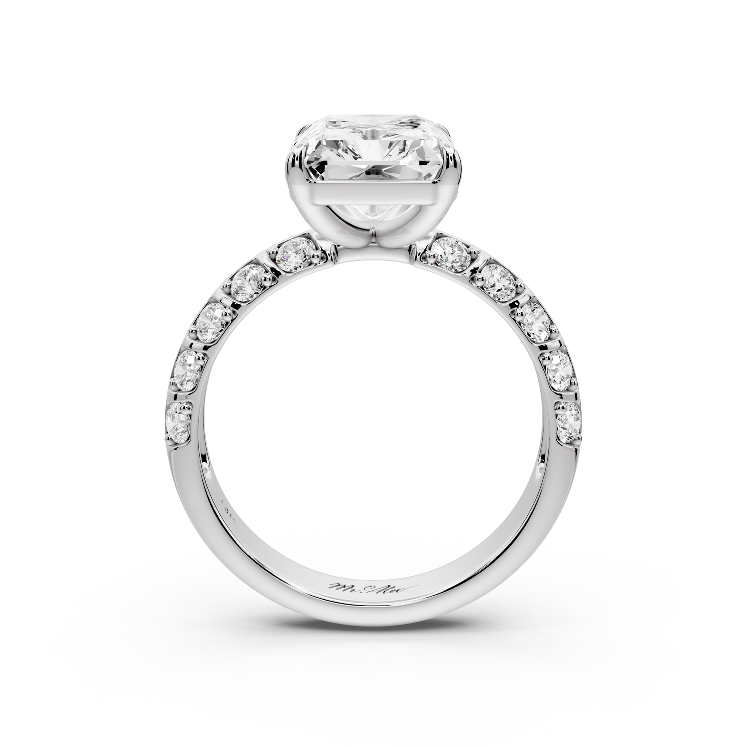 Jessica - 4ct platinum Radiant Split-Shank Engagement Ring with Double-Row Shared-Prong Pavé Band
