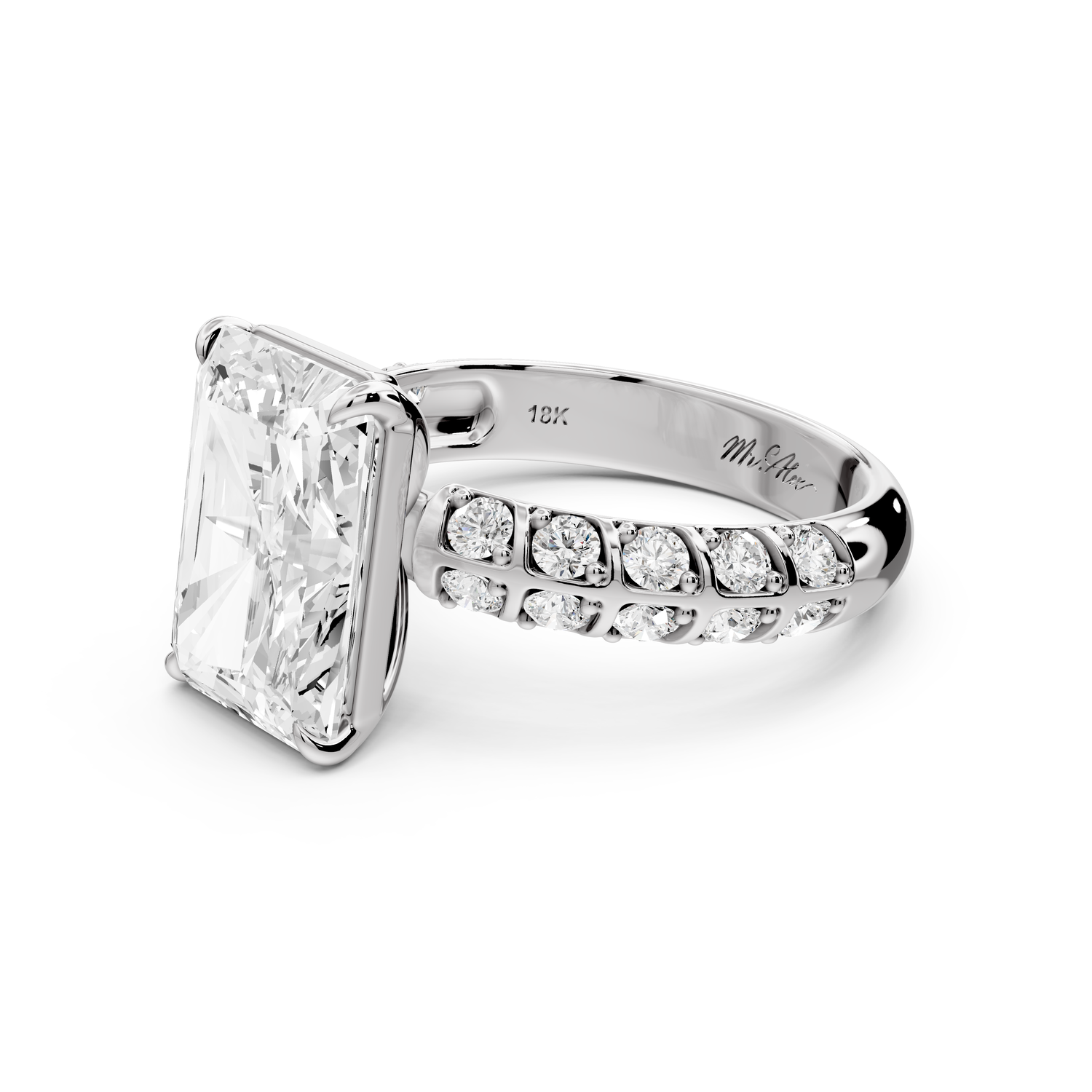 Jessica - 4ct platinum Radiant Split-Shank Engagement Ring with Double-Row Shared-Prong Pavé Band