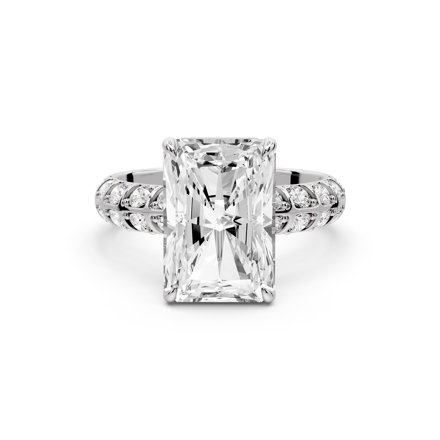 Jessica - 4ct platinum Radiant Split-Shank Engagement Ring with Double-Row Shared-Prong Pavé Band