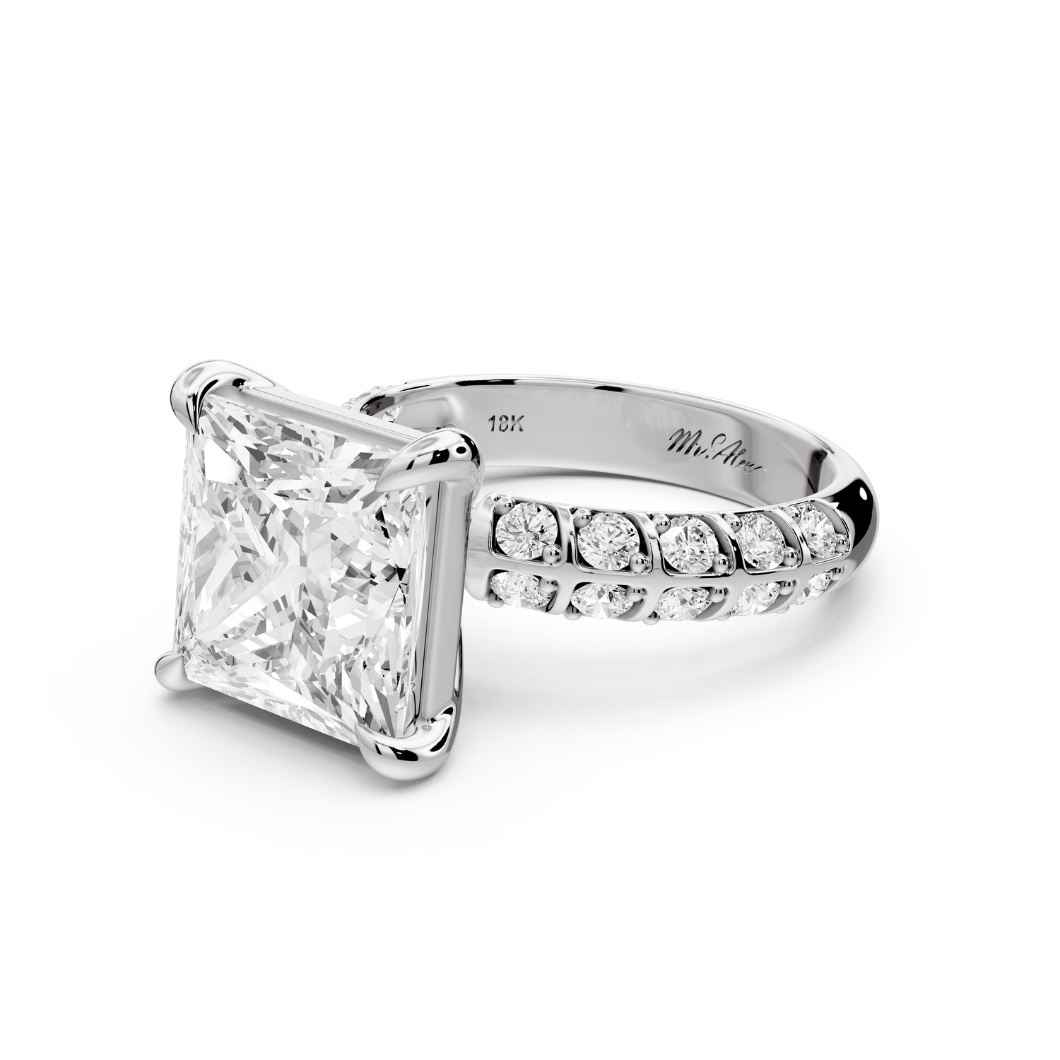 Jessica - 5ct platinum Princess Split-Shank Engagement Ring with Double-Row Shared-Prong Pavé Band