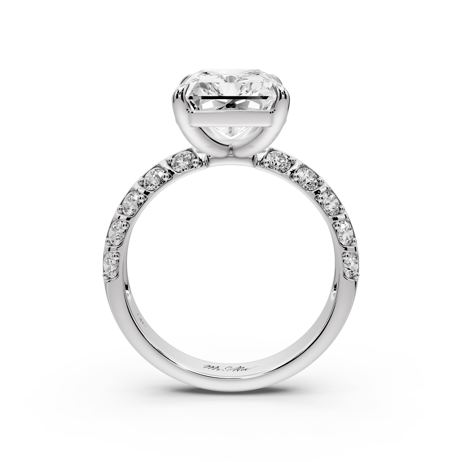 Jessica - 5ct platinum Radiant Split-Shank Engagement Ring with Double-Row Shared-Prong Pavé Band