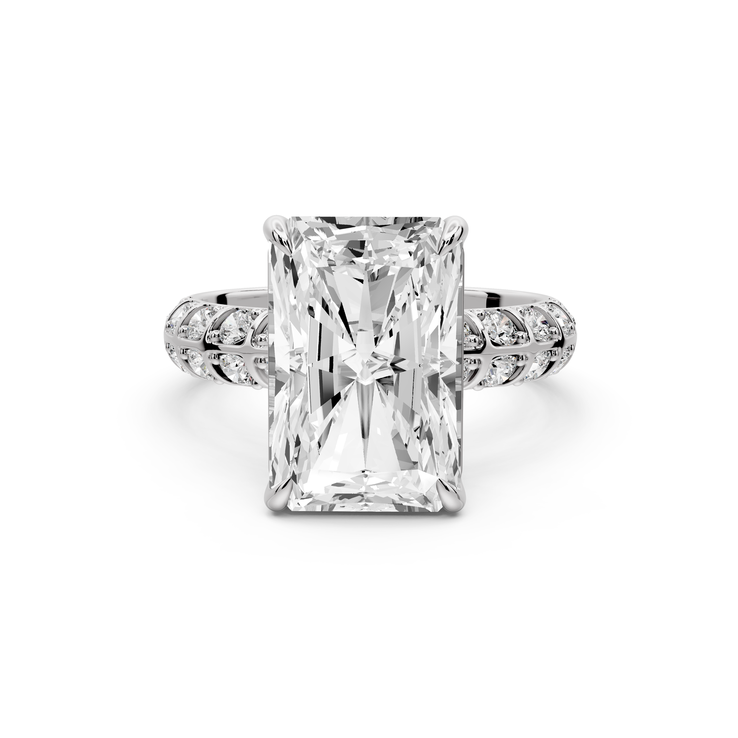 Jessica - 5ct platinum Radiant Split-Shank Engagement Ring with Double-Row Shared-Prong Pavé Band