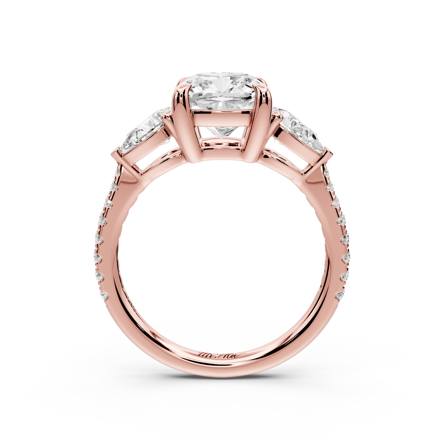 Alma - 2ct 14k rose gold cushion center stone with two pear shaped diamonds and pavé. Three stone oval and pear engagement ring with Pavé - Mr. Alex Jewelry