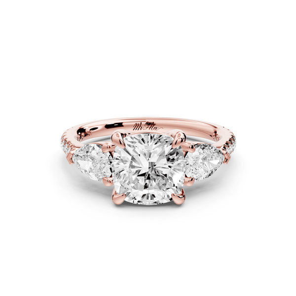Alma - 2ct 14k rose gold cushion center stone with two pear shaped diamonds and pavé. Three stone oval and pear engagement ring with Pavé - Mr. Alex Jewelry