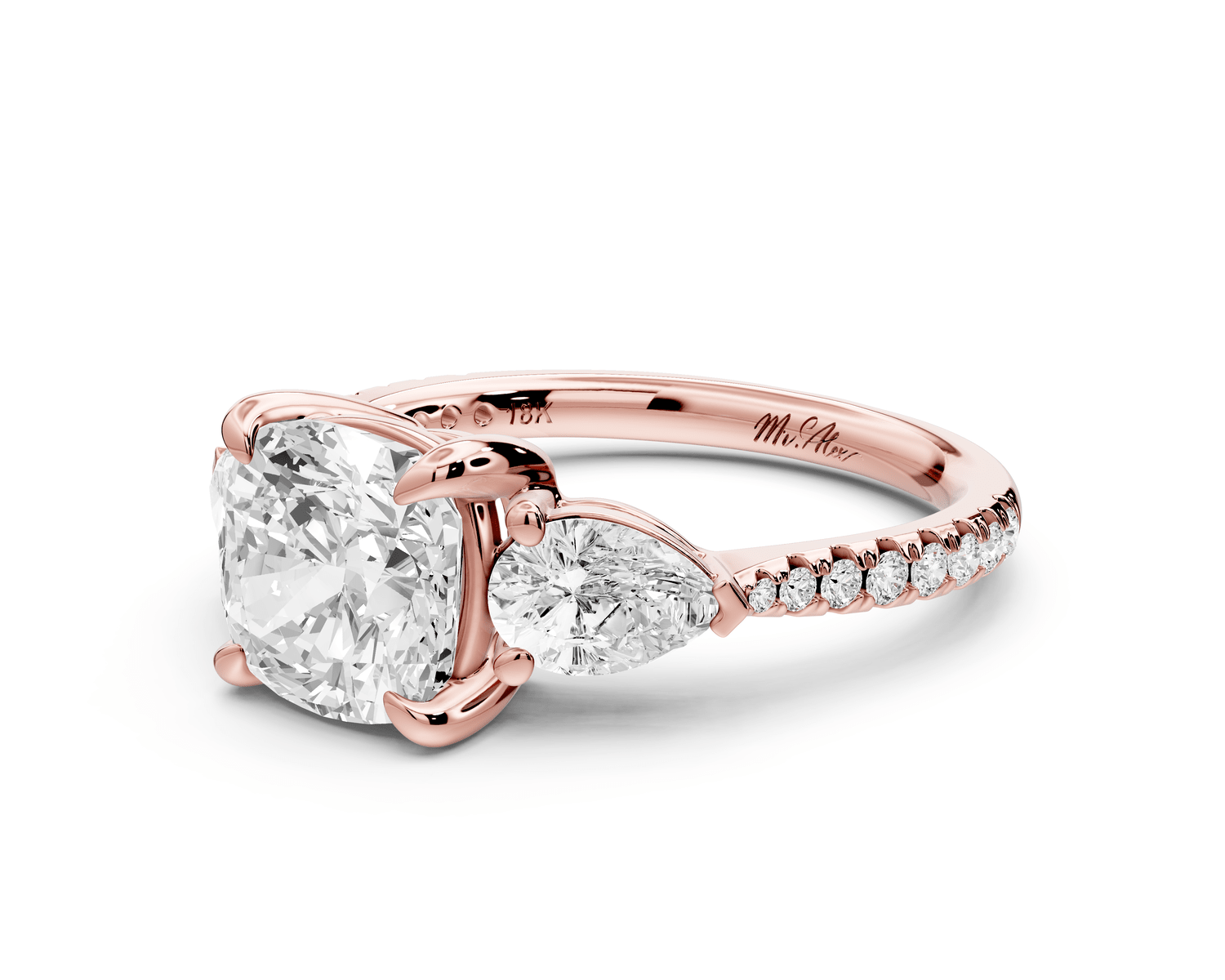 Alma - 2ct 14k rose gold cushion center stone with two pear shaped diamonds and pavé. Three stone oval and pear engagement ring with Pavé - Mr. Alex Jewelry
