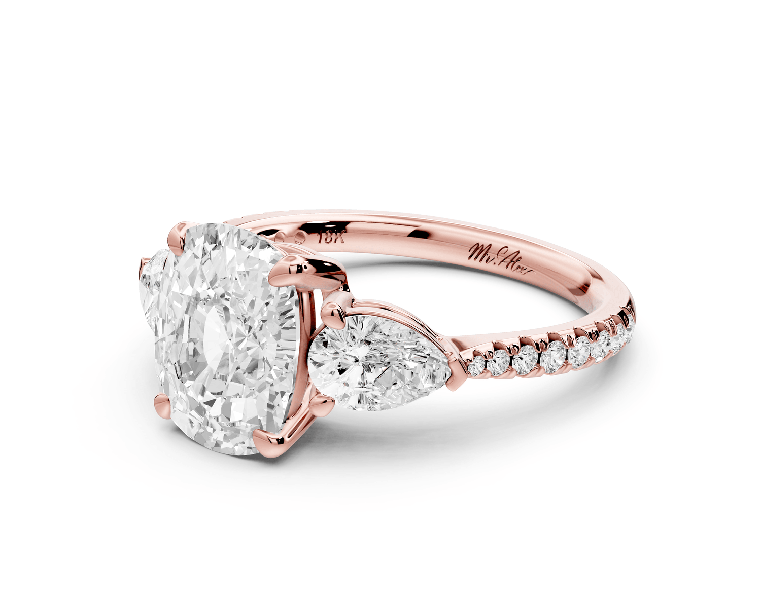 Alma - 2ct 14k rose gold ecushion center stone with two pear shaped diamonds and pavé. Three stone oval and pear engagement ring with Pavé - Mr. Alex Jewelry