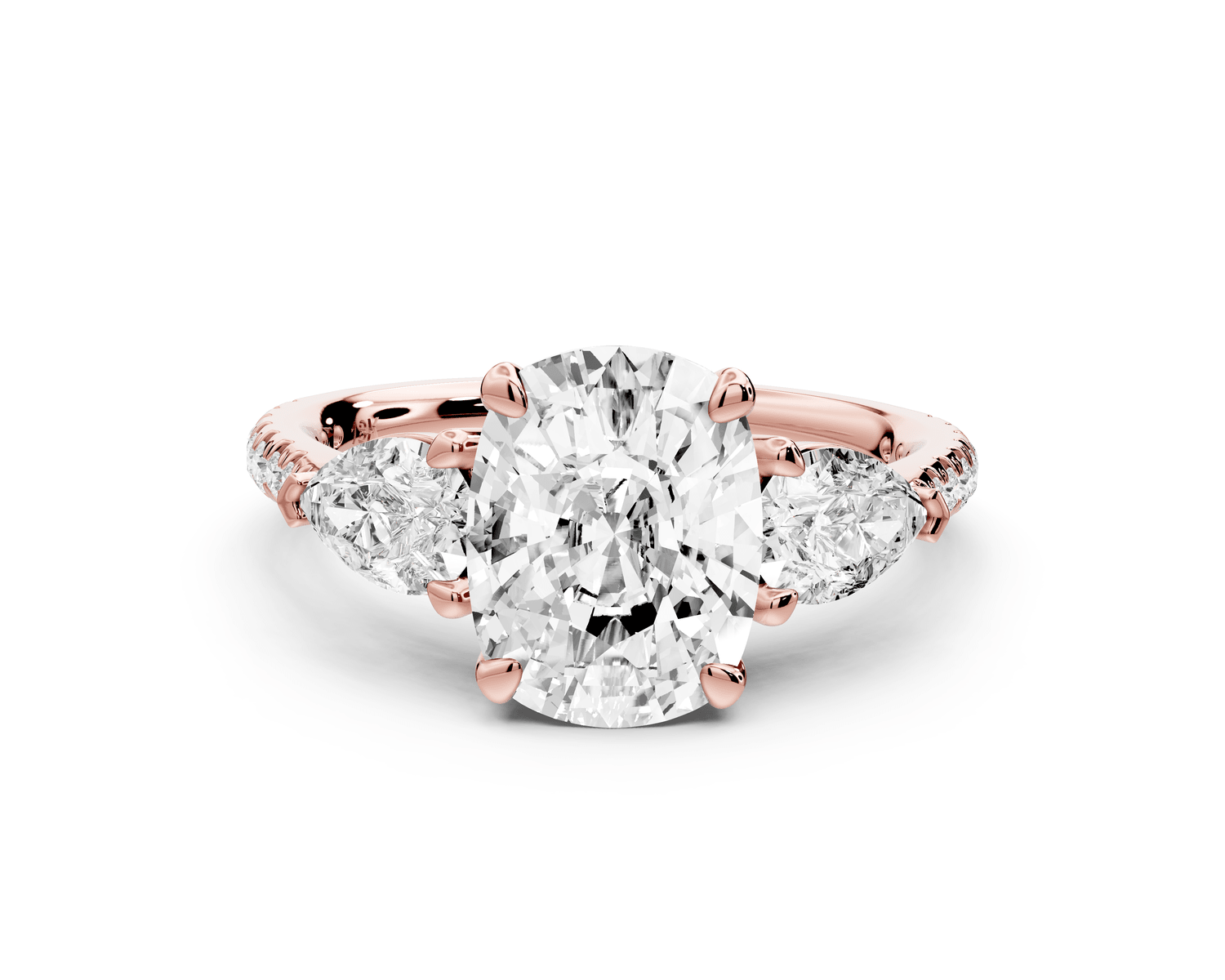 Alma - 2ct 14k rose gold ecushion center stone with two pear shaped diamonds and pavé. Three stone oval and pear engagement ring with Pavé - Mr. Alex Jewelry