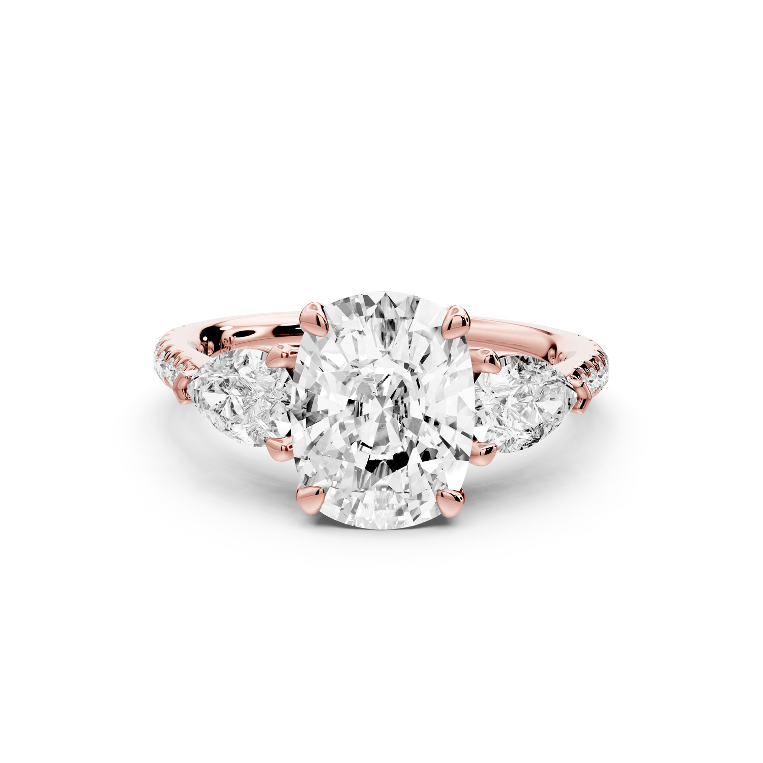 Alma - 2ct 14k rose gold ecushion center stone with two pear shaped diamonds and pavé. Three stone oval and pear engagement ring with Pavé - Mr. Alex Jewelry