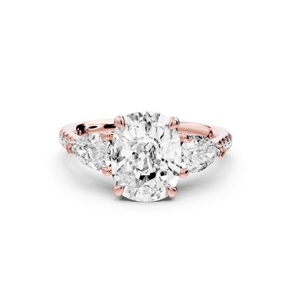 Alma - 2ct 14k rose gold ecushion center stone with two pear shaped diamonds and pavé. Three stone oval and pear engagement ring with Pavé - Mr. Alex Jewelry