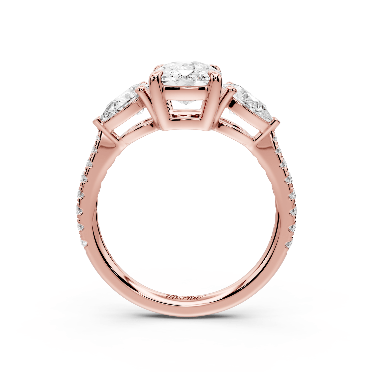 Alma - 2ct 14k rose gold ecushion center stone with two pear shaped diamonds and pavé. Three stone oval and pear engagement ring with Pavé - Mr. Alex Jewelry