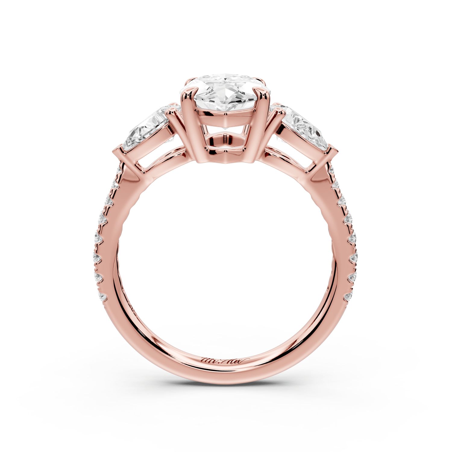 Alma - 2ct 14k rose gold marquise center stone with two pear shaped diamonds and pavé. Three stone oval and pear engagement ring with Pavé - Mr. Alex Jewelry