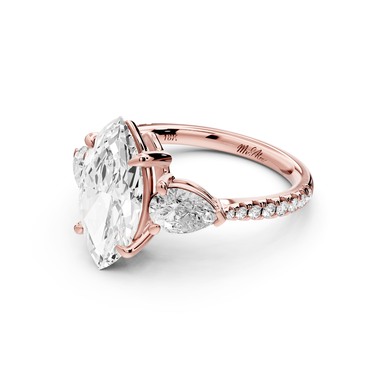 Alma - 2ct 14k rose gold marquise center stone with two pear shaped diamonds and pavé. Three stone oval and pear engagement ring with Pavé - Mr. Alex Jewelry